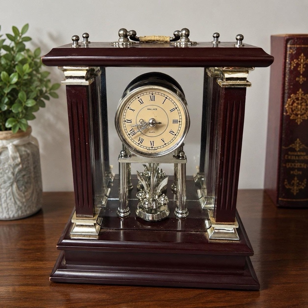 Wallace Silversmiths Quartz Mantel Clock Wooden Glass Desk Shelf Decor 80s VTG